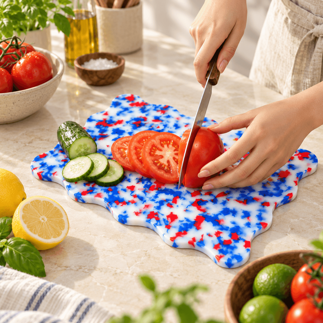 Slicing a tomato on a speckled Kiyomi cutting board