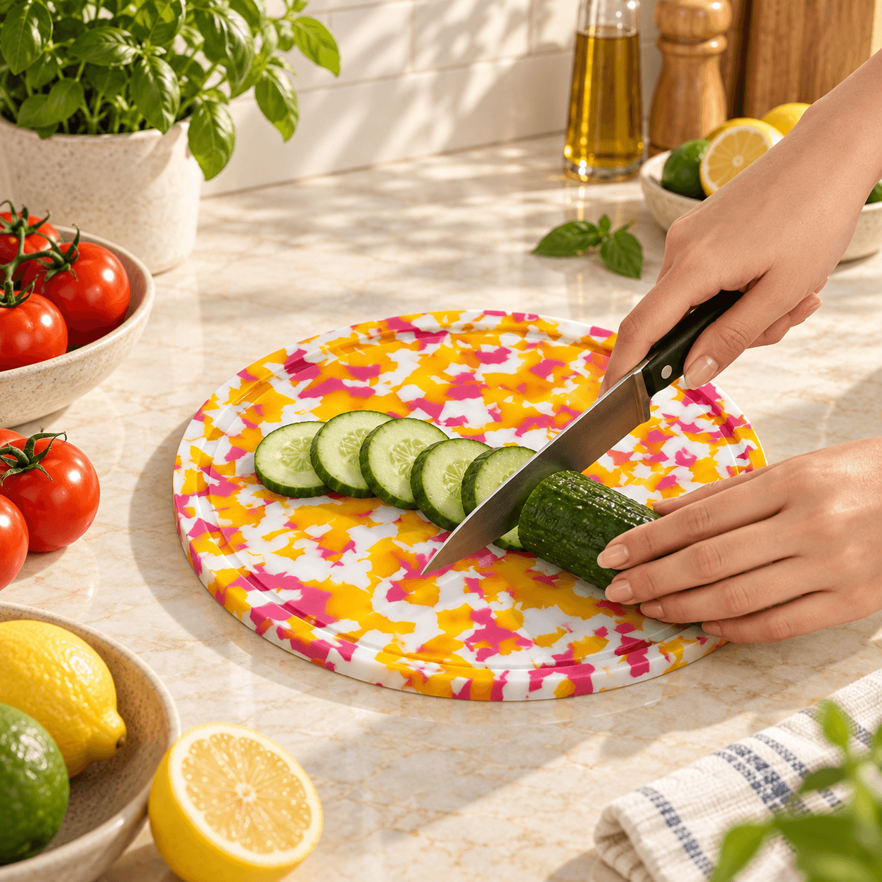 Slicing cucumber on a round Kiyomi board