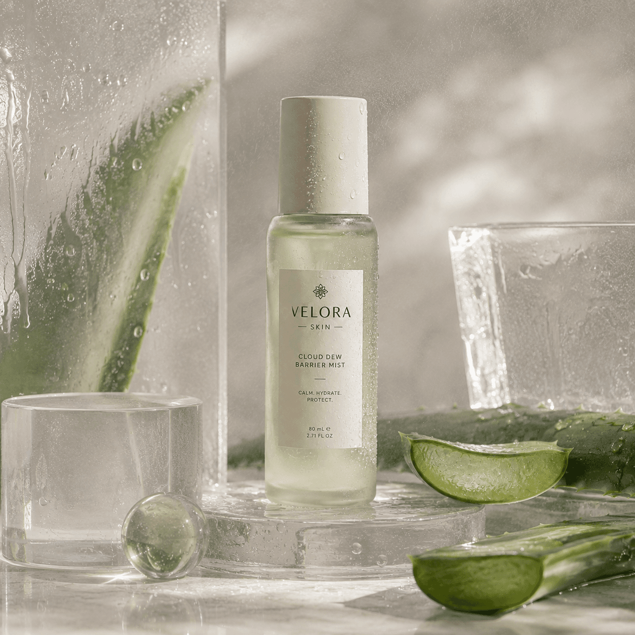 Velora Skin barrier mist with aloe and a water splash, creative still-life product photo