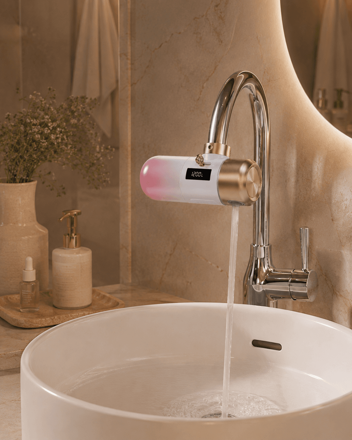 Yoshino faucet water filter on a styled bathroom tap
