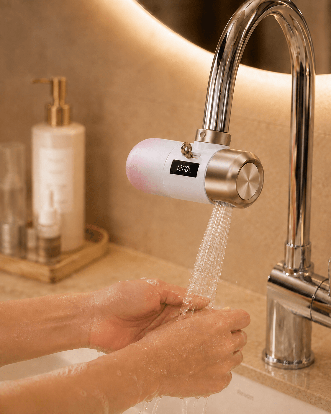 Hands washing under the Yoshino faucet water filter
